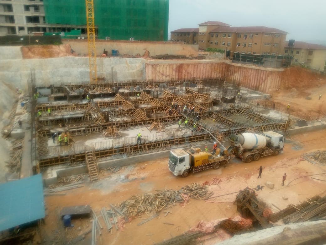 Concrete placement across reinforced foundation elements